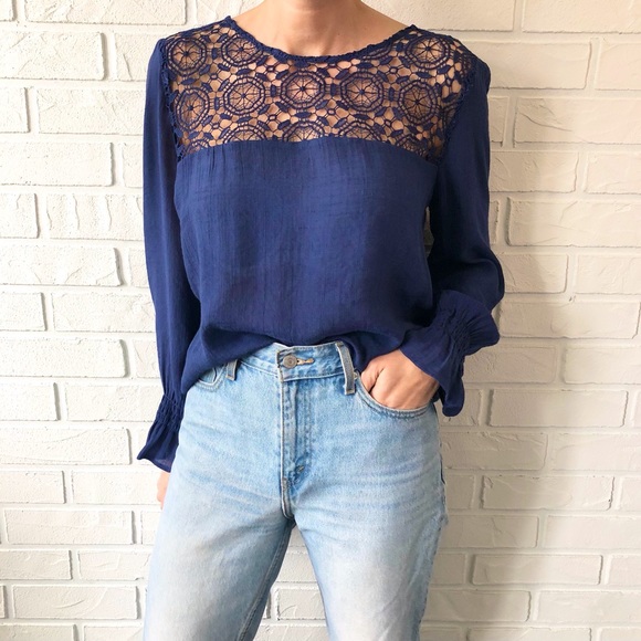Navy boho crochet bell sleeve cottagecore blouse